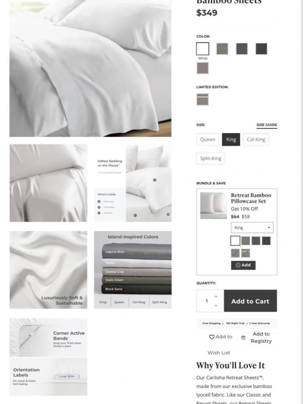 Cariloha Retreat Sheet Set — White (King)
